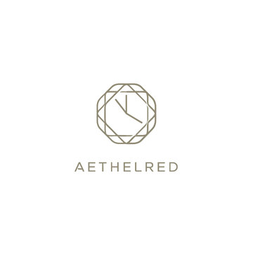 Minimalist clock logo, octagonal outline, hour and minute hands. Simple design with text below on white