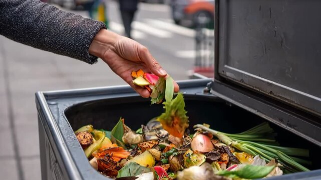 Hand of a woman discarding organic waste into a compost bin, showcasing sustainable practices and environmental responsibility in urban settings with vibrant food scraps
