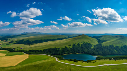 Panoramic view of green hills with lake and winding road under bright blue sky showcasing natural terrain, forest patches and scenic tranquility