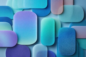 Pastel colored rounded sponges with gradient are scattered on blue. Use for beauty, cleaning, design, or abstract backgrounds.