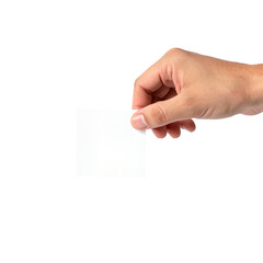 Obraz premium A hand firmly grasps a blank white square card from the top right corner, presenting the empty space against a clean light gray background.