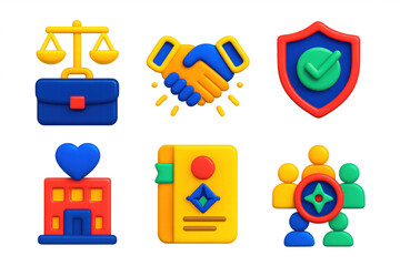 Business Ethics Icons. 3D icon set of business ethics and values: justice scale over briefcase, glowing handshake icon, shield