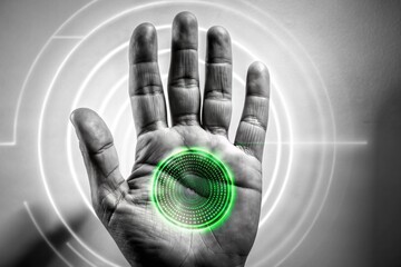 Futuristic Hand Scan Technology Green Glowing Circle Black and White Image