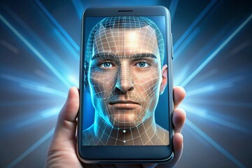 Smartphone displaying facial recognition technology with futuristic blue light effect backdrop