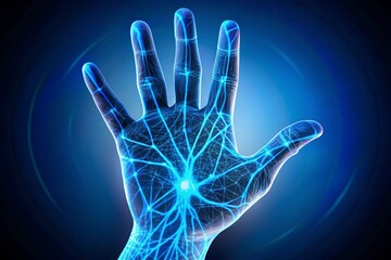 Human hand neural network connection futuristic technology glowing blue illustration
