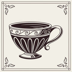Ornate Decorative Cup with Swirls and Border on Cream Background teacup coffee cup