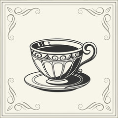 Vintage Teacup and Saucer with Decorative Border on Cream Background antique