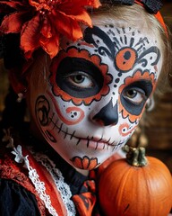 Close-up portrait of a girl with Halloween sugar skull face paint holding a pumpkin in warm indoor lighting