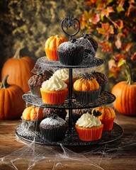 Halloween cupcake tower with pumpkins, spider decorations and cobwebs on rustic table