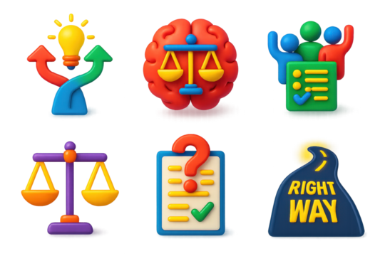 Ethical Decision Icons. 3D icon set of ethical decision making: path with fork and lightbulb, brain with justice symbol, team