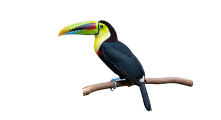 Obraz premium Colorful toucan bird, with vibrant beak perched on a branch, cutout, PNG isolated on white or transparent background