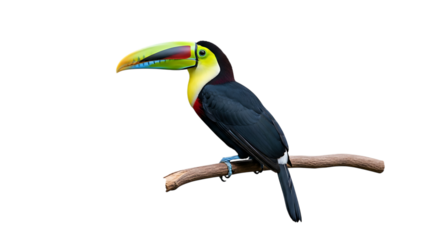 Colorful toucan bird, with vibrant beak perched on a branch, cutout, PNG isolated on white or transparent background