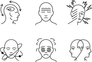 Mental state illustration, head icons with emotion symbols, black and white vector, psychology concept, stress, confusion, thinking, anxiety, duality, cognition