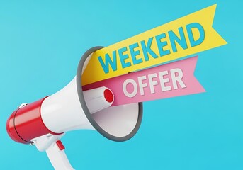 Megaphone announcing weekend offer with bright colorful banners for promotions