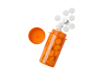 Top view of an orange pill bottle with white pills spilling out, isolated on white or transparent background. PNG