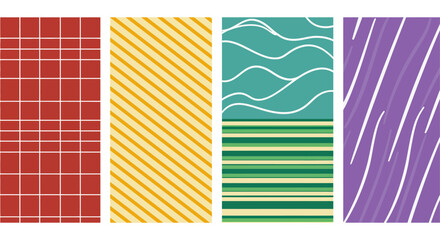 Obraz premium diverse geometric patterns red tile grid yellow diagonal stripe green wave stripe and purple blend ideal for graphic design elements.
