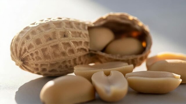 Closeup of an open peanut shell revealing its kernels, with scattered peanuts on a surface