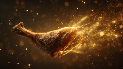 Roasted turkey leg floating in space surrounded by golden particles