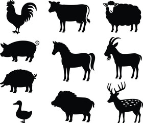 Farm and wild animal silhouettes, black vector icons, side profile poses, nature symbols, livestock and wildlife graphics, minimal design, agriculture, rural, forest