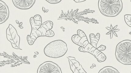 Seamless minimal lineart of herbal cups ginger root citrus slice leaf star anise and herb sprigs, perfect for kitchen decor or tea packaging, with calm and natural vibe