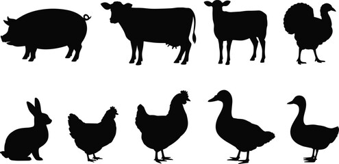 Farm animal silhouettes, black livestock icons, poultry and mammal graphics, nature symbols, rural creature set, minimal design, vector illustration