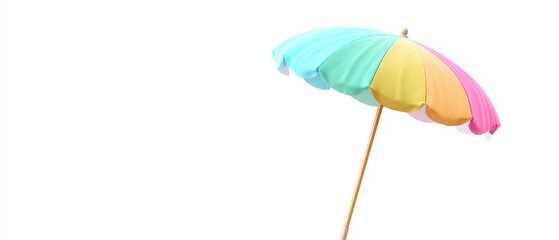 Pastel beach umbrella, isolated on white background, features soft blue, yellow, and pink panels, creating cheerful and summery vibe, perfect for outdoor relaxation and sun protection