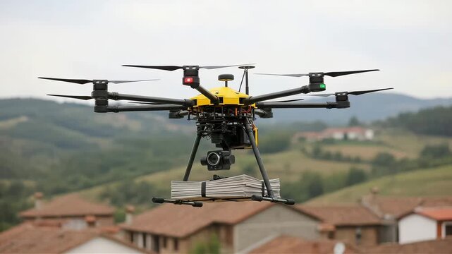 A yellow drone carrying a stack of newspapers flies over a rural landscape with houses
