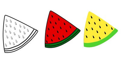 Black and white illustration of a sliced ​​watermelon. Hand-drawn illustration of a triangular watermelon.