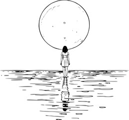 Lonely woman standing in moonlit ocean under a glowing full moon