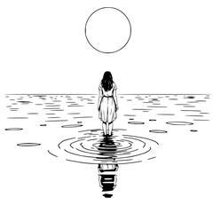 Lonely woman standing in moonlit ocean under a glowing full moon