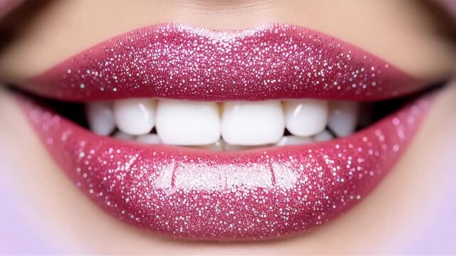 Closeup of sparkling pink glitter lips with a gradient effect, showcasing a glamorous makeup look