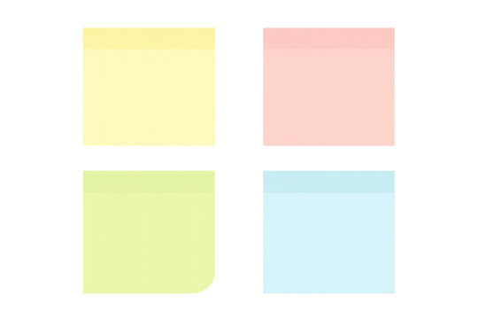 Colorful sticky notes set for reminders, memo, message, and organization, blank paper on transparent background