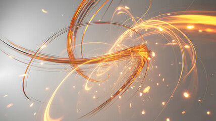 Abstract swirling golden light trails and glowing particles on a soft grey background, representing energy and motion