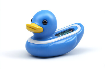 Blue Rubber Duck with Digital Display on White Background.