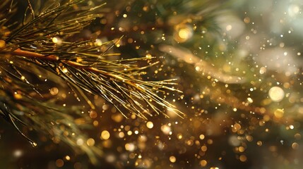 Christmas tree branch floating with golden sparkles
