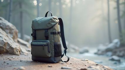 Exploring the great outdoors: A hiking backpack showcased against a tranquil forest stream