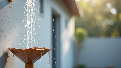 Exterior residential water feature cascading gracefully creating a soothing ambience against a