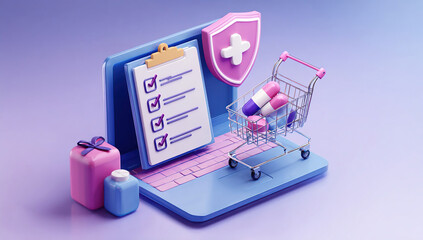 Online Healthcare Shopping - Laptop, Pills, and Medical Supplies.