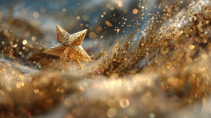 Christmas star ornament floating with golden particles