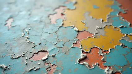 Fragmented chromatic surface showcasing textured paint layers and time-worn weathering giving a