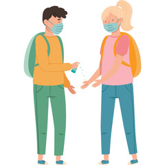 Two students wearing face masks and backpacks practice hand hygiene with sanitizer spray on a transparent background promoting safety and health awareness in a school environment