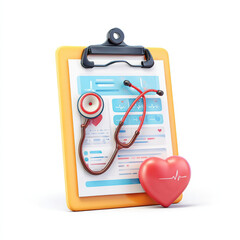 Medical clipboard with stethoscope and heart health concept.