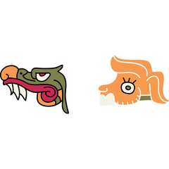 Two Stylized Aztec Glyphs Featuring Dragon Serpent and Humanoid Faces in Green Orange and Pink Hues Against a White Background