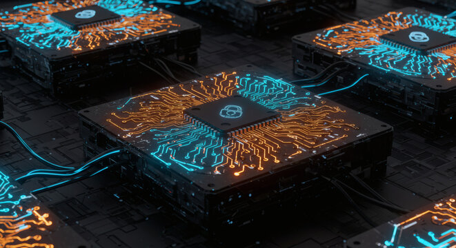 Glowing circuit boards form a distributed computing network, illustrating advanced technology, big data processing, and future digital systems