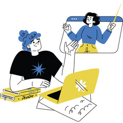 Two Women Engage in Online Learning With Laptop And Books Featuring Yellow Accents And Blue Tops With Black Tshirts During Daytime