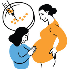 Two Women One Pregnant Embracing Medical Science With Scientific Procedure Of In Vitro Fertilization Showing Syringe And Petri Dish With 