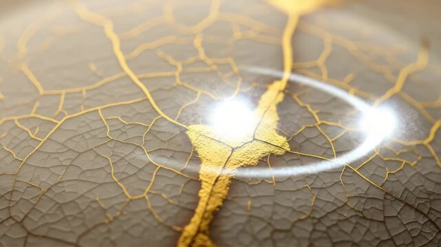 Closeup of kintsugi pottery repair with golden lacquer highlighting cracks