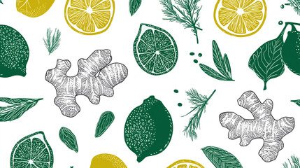Seamless minimal lineart design with herbal teas lemon lime ginger mint dill and leaves creating fresh and natural botanical pattern for kitchen or tea packaging