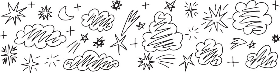 Cute hand drawn with black brush cloud, star, and moon illustrations for kid designs. Perfect for backgrounds, weather themes, or educational projects. Grunge style