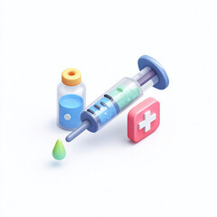 Vaccination Concept - Syringe, Vial, and First Aid Symbol on White.
